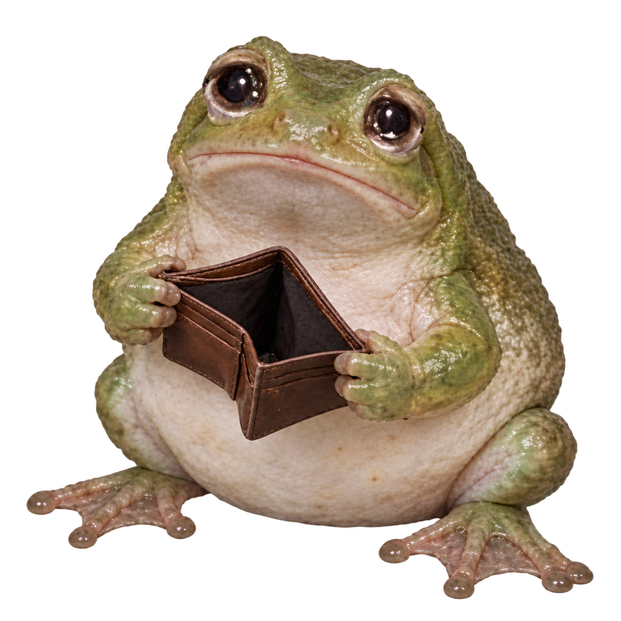 A round olive-green frog with glossy, worried eyes holding an open empty brown leather wallet